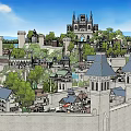 Hand Drawn Medieval Castle Town Landscape With Towers Walls And Trees