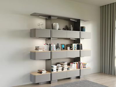 Modern Home Bookshelf With Layered Shelves Drawers Books And Decorative Items 3d model
