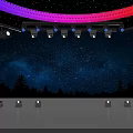 Colorful Stage With Rainbow Circular Light Blue Lights White Laser Beams And Black Floor Lines
