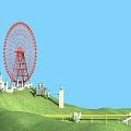 Colorful Amusement Park Rides With Ferris Wheel Castle And Slide On Green Hill