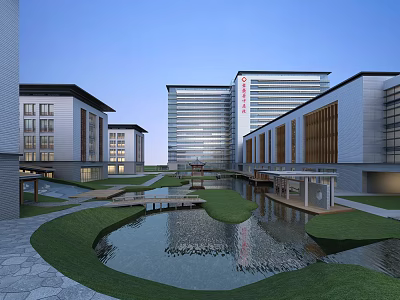 Modern Architectural Complex With Water Pond Green Lawns And Stone Pathways 3d model