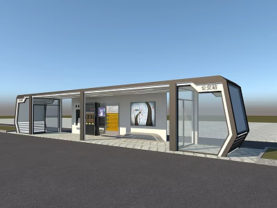 Modern Road Facility Bus Stop With Glass Structure Roof And Seating Area 3d model