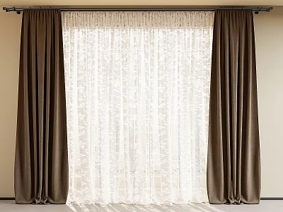 Brown Thick Curtains With White Lace Sheer Panels For Window Decor 3d model