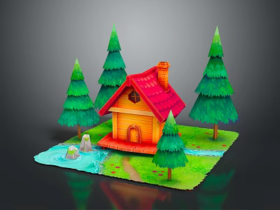 Wooden Cabin with Red Roof Chimney Surrounded by Green Pine Trees Pond and Pathway 3d model