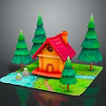 Wooden Cabin with Red Roof Chimney Surrounded by Green Pine Trees Pond and Pathway