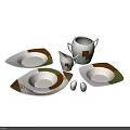 Modern Dinnerware Set with Plates Bowls Pitcher Creamer White Base Brown Green Geometric Design