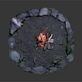 Outdoor Campfire Scene With Circular Stone Circle Small Cabin And Green Grass