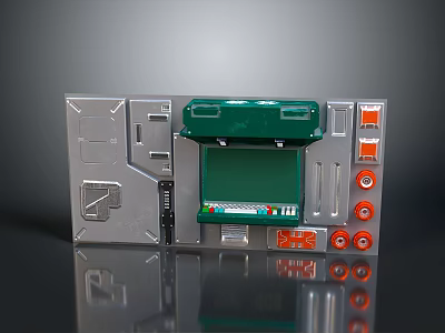 Green Gate With Silver Side Structures Orange Buttons And Red Logo Elements 3d model