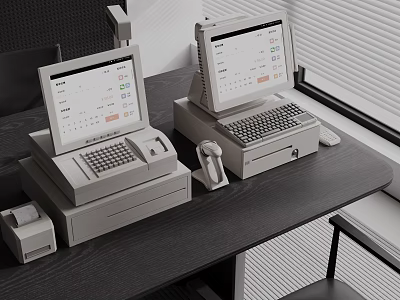 Modern Commercial POS Equipment With Cash Registers Telephone And Receipt Printer On Desktop 3d model