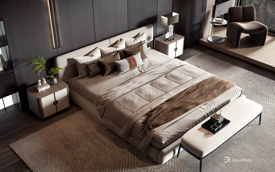 Elegant Modern Bedroom Double Bed Upholstered Headboard Plush Pillows Cozy Blanket Nightstands And Patterned Rug 3d model 