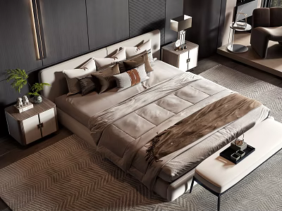 Elegant Modern Bedroom Double Bed Upholstered Headboard Plush Pillows Cozy Blanket Nightstands And Patterned Rug 3d model