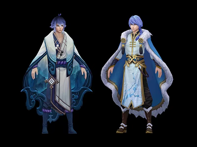 Two Blue Haired Characters In Traditional Ornate Robes With Cloaks And Decorative Patterns 3d model
