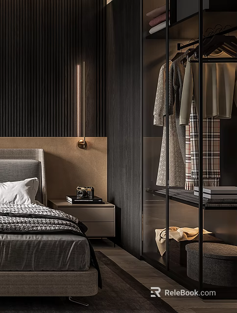Modern Bedroom Interior With Dark Wood Accents Grey Headboard Nightstand Table Lamp And Open Wardrobe 3d model 
