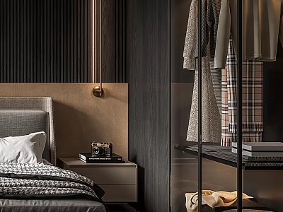 Modern Bedroom Interior With Dark Wood Accents Grey Headboard Nightstand Table Lamp And Open Wardrobe 3d model