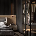 Modern Bedroom Interior With Dark Wood Accents Grey Headboard Nightstand Table Lamp And Open Wardrobe