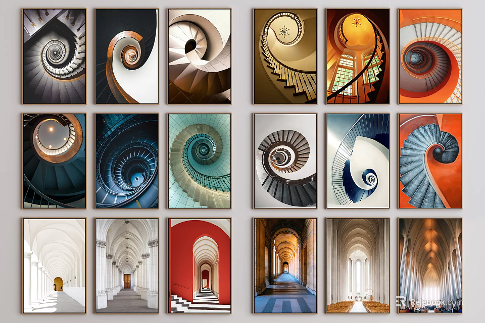 Architectural Landscape Paintings With Spiral Stairs And Arched Corridors In Various Framed Styles 3d model 