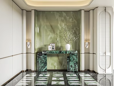 Elegant Entryway Hallway With Green Marble Wall Console Table Vase And Black White Tiled Floor 3d model