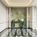 Elegant Entryway Hallway With Green Marble Wall Console Table Vase And Black White Tiled Floor