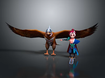 Small Blue Wizard Character With Red Hat Standing Beside Large Brown Eagle With Spread Wings 3d model