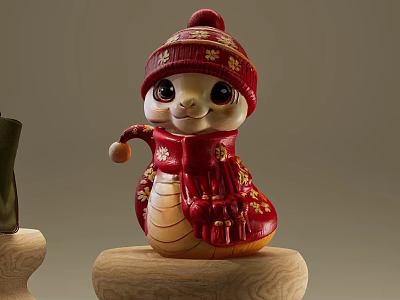 Red Snake Shaped Art Installation With Knitted Hat Scarf And Gold Patterns On Wooden Base 3d model