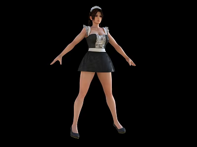 Woman In Maid Outfit Full Body Black Dress With White Apron Headband Standing Arms Outstretched 3d model