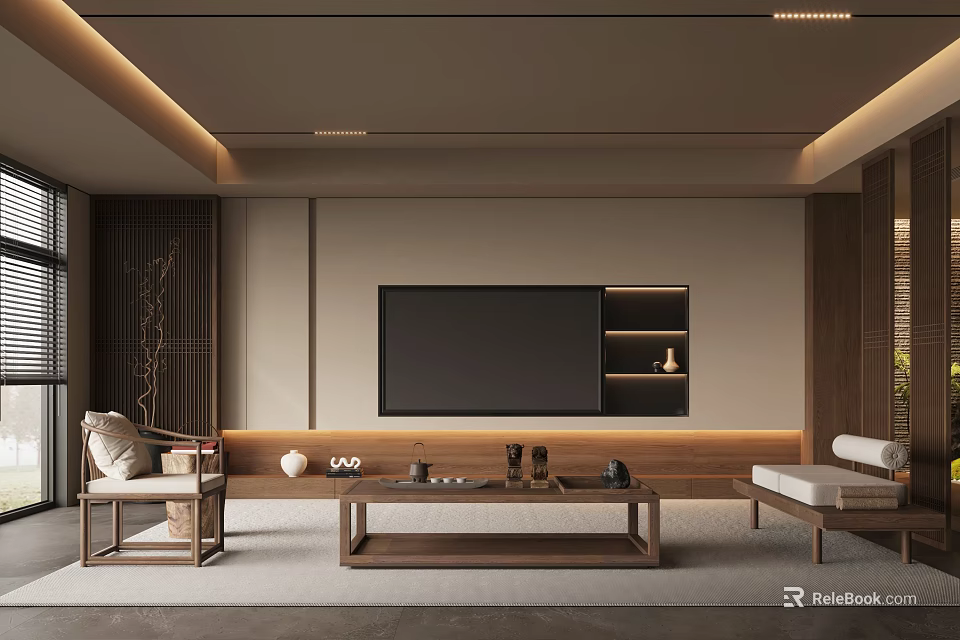 Modern Living Room Interior With TV Wall Wooden Accents Sofa Coffee Table And Rug 3d model 