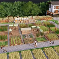 Picturesque Rural Landscape With Organized Vegetable Gardens Wooden Cabins Windmill And People Visiting