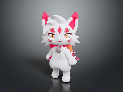 Cute White 3D Cartoon Creature With Pink Ears Red Markings Yellow Eyes And Scarf 3d model