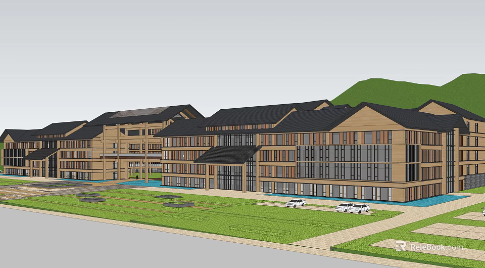 Traditional Style Hotel Building With Wooden Glass Facade Lawn Pool And Background Mountain 3d model 