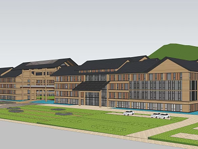 Traditional Style Hotel Building With Wooden Glass Facade Lawn Pool And Background Mountain 3d model