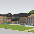 Traditional Style Hotel Building With Wooden Glass Facade Lawn Pool And Background Mountain