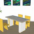 Modern Dining Table Set with Yellow Chairs Marble Tabletop Wall Art and Potted Plant