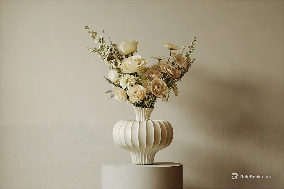 White Ribbed Vase With Beige Roses And Greenery On Minimalist Pedestal 3d model 