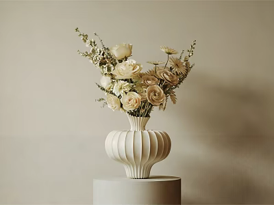 White Ribbed Vase With Beige Roses And Greenery On Minimalist Pedestal 3d model