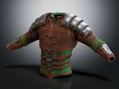 Medieval Leather Armor With Silver Shoulder Plates And Green Lining Details 3d model