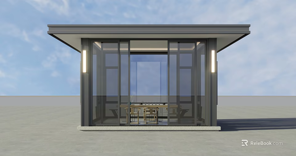 Modern Glass Pavilion With Flat Roof Design And Interior Tables Chairs 3d model 