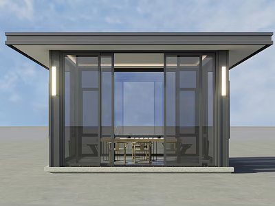 Modern Glass Pavilion With Flat Roof Design And Interior Tables Chairs 3d model