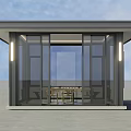 Modern Glass Pavilion With Flat Roof Design And Interior Tables Chairs