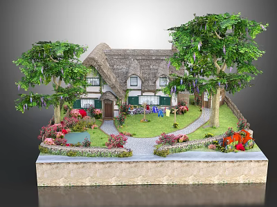 Cartoon Scene of Thatched Cottage with Lush Trees Colorful Flowers and Garden Pathway 3d model