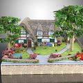 Cartoon Scene of Thatched Cottage with Lush Trees Colorful Flowers and Garden Pathway