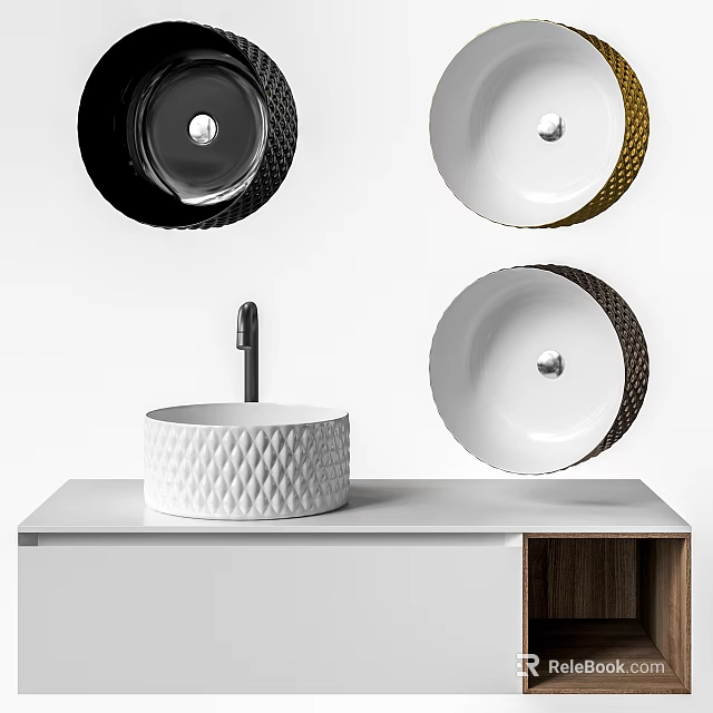 White Quilted Countertop Washbasin With Wooden Cabinet And Various Basin Designs 3d model 