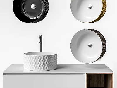 White Quilted Countertop Washbasin With Wooden Cabinet And Various Basin Designs 3d model