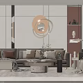 Modern Living Room Sofa And Coffee Table Set With Round Stone Top And Decorative Pillows