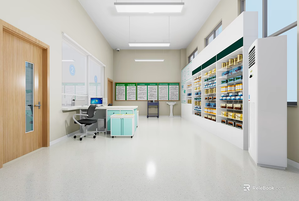Clean Modern Pharmacy Store Interior With Shelves Of Medicines Workbench And Windows 3d model 