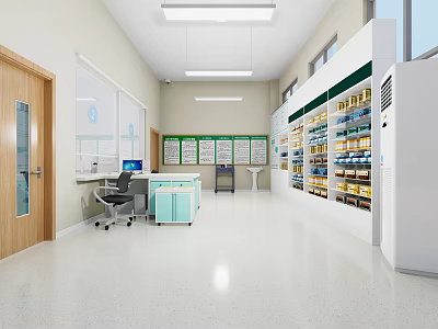 Clean Modern Pharmacy Store Interior With Shelves Of Medicines Workbench And Windows 3d model