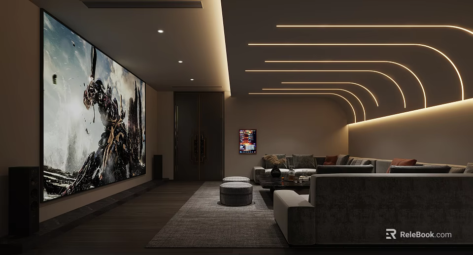Cozy Modern Home Theater Room With Large Screen Sofa And Ceiling LED Strips 3d model 
