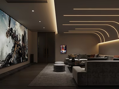 Cozy Modern Home Theater Room With Large Screen Sofa And Ceiling LED Strips 3d model