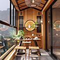Natural Home Balcony Interior With Green Plants Tea Set And Wooden Decor
