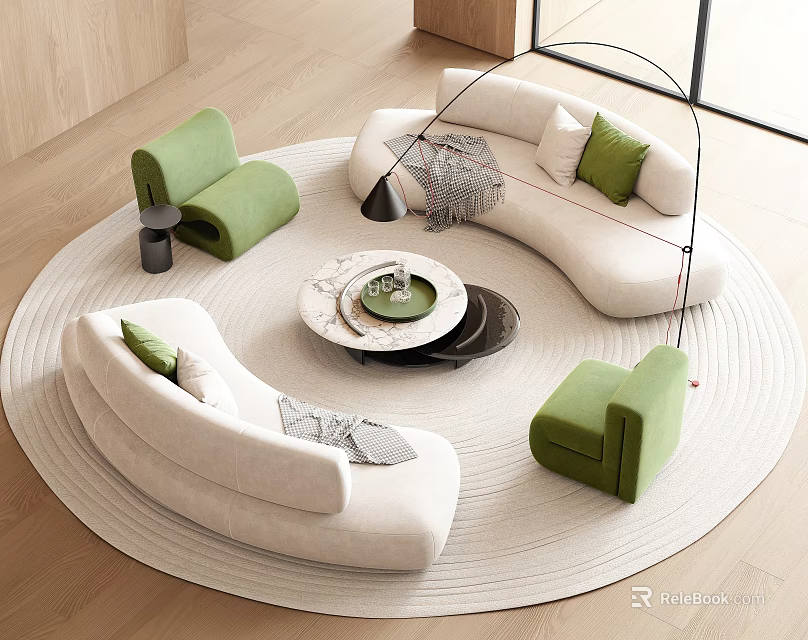 Modern Curved White Sofa with Green Armchairs and Round Coffee Table Set on Rug 3d model 