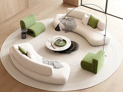 Modern Curved White Sofa with Green Armchairs and Round Coffee Table Set on Rug 3d model